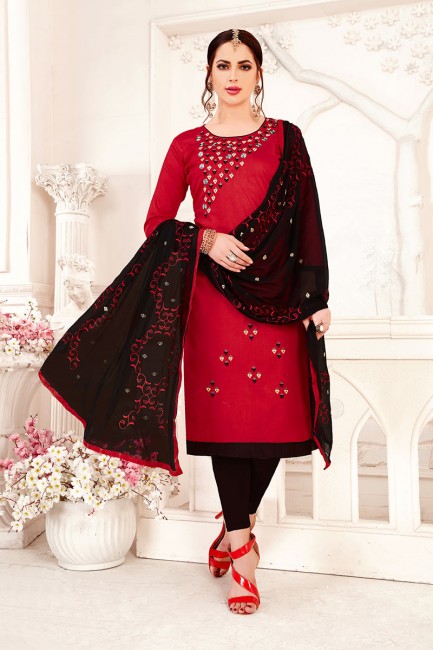 Red Glass Cotton Churidar Suit