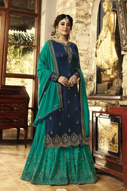 Charming Navy Blue Satin Georgette Palazzo Suit