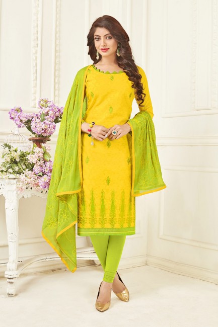 Yellow Cotton Jacquard Churidar Suit