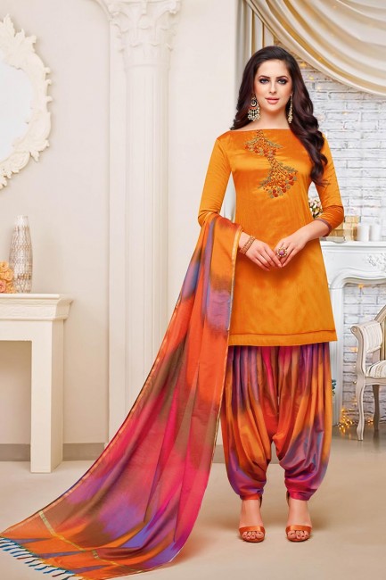 Latest Ethnic Orange Soft Silk Patiala Suit