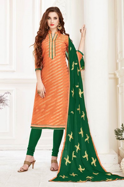 Pretty Orange Jacquard Silk Churidar Suit