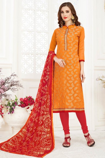 Enticing Orange Jacquard Silk Churidar Suit