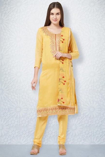 Stunning Yellow Chanderi Churidar Suit