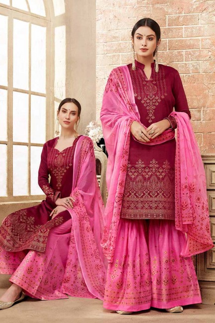 Excellent Magenta Pink Art Silk Palazzo Suit