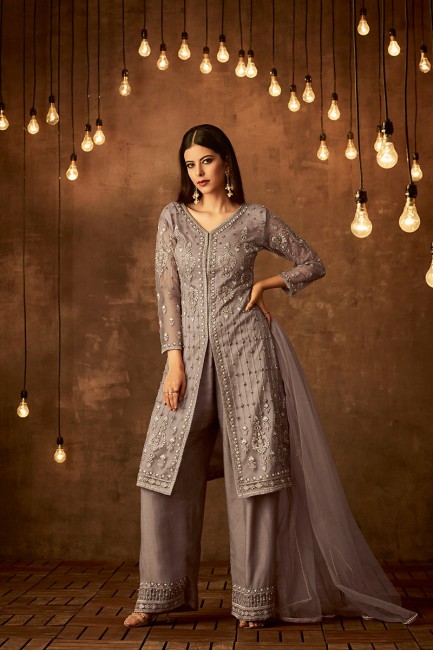 Attractive Mauve Grey Net Palazzo Suit
