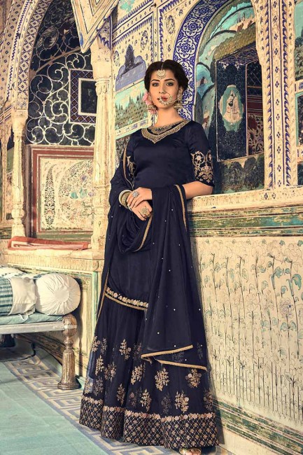 Gracefull Navy Blue Satin Georgette Palazzo Suit