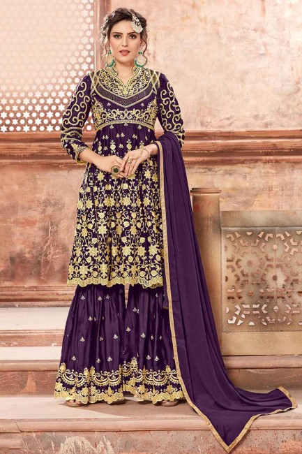 Lovely Purple Satin Georgette Palazzo Suit