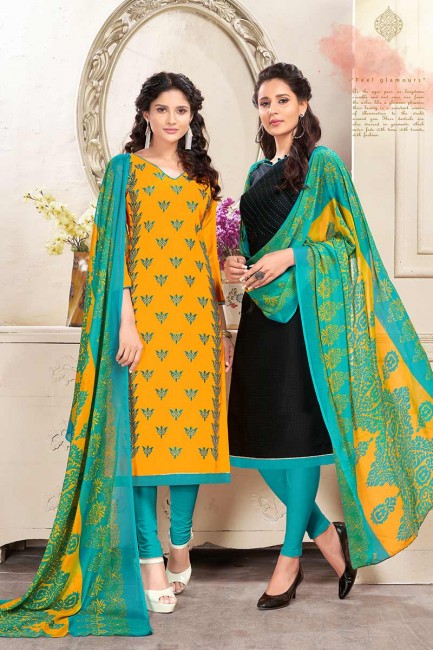 Musturd Yellow and Black Cotton and Chanderi Churidar Suit Combo