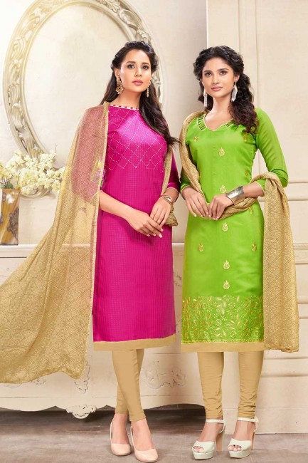 Rani Pink and Light Green Cotton and Chanderi Churidar Suit Combo