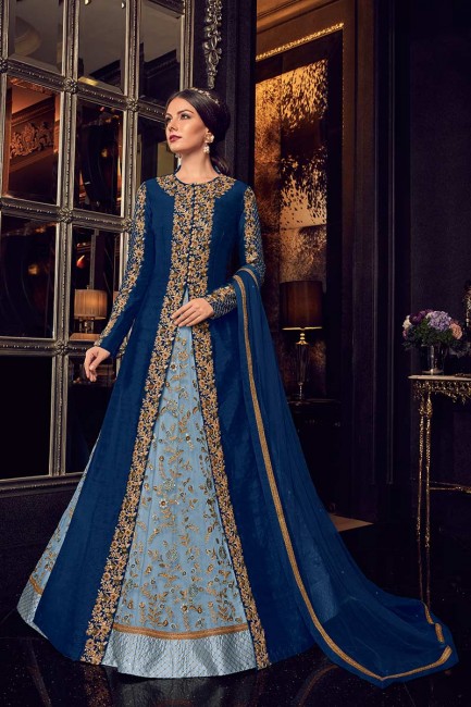 Gown- Steel Blue, Jacket- Royal Blue Gown-Net, Jacket-Art Silk Anarkali Suit