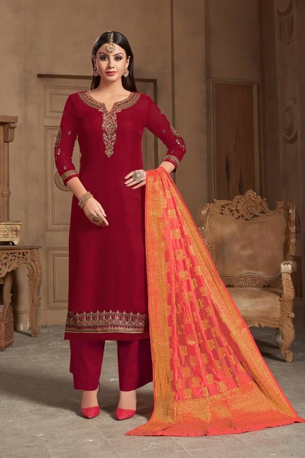 Gracefull Red Satin Georgette Palazzo Suit