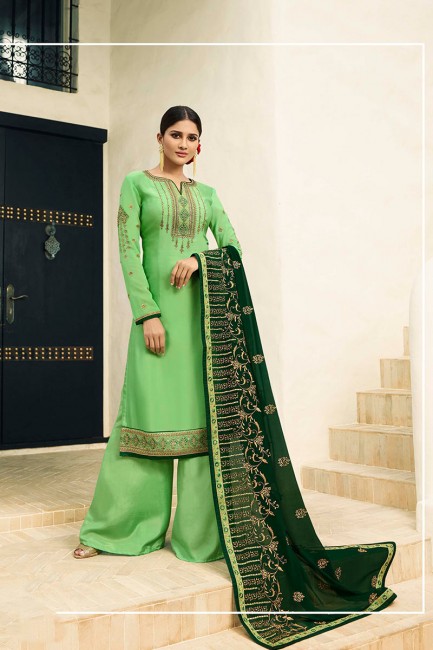 Luring Green Satin Georgette Palazzo Suit