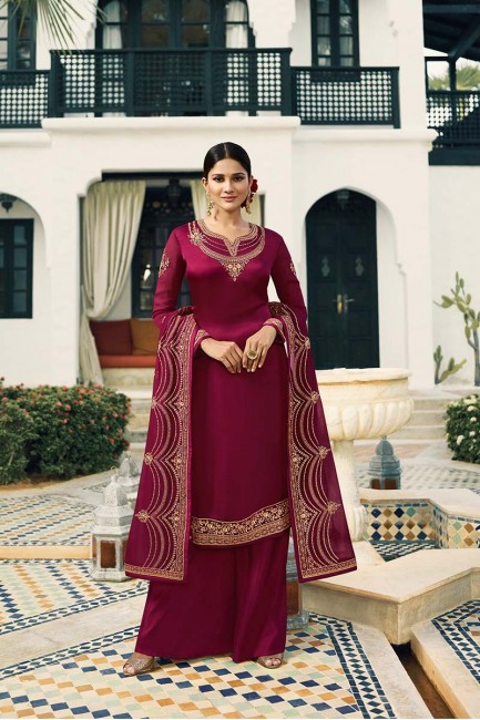 Latest Magenta Pink Satin Georgette Palazzo Suit