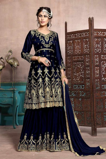 Alluring Navy Blue Satin Georgette Palazzo Suit