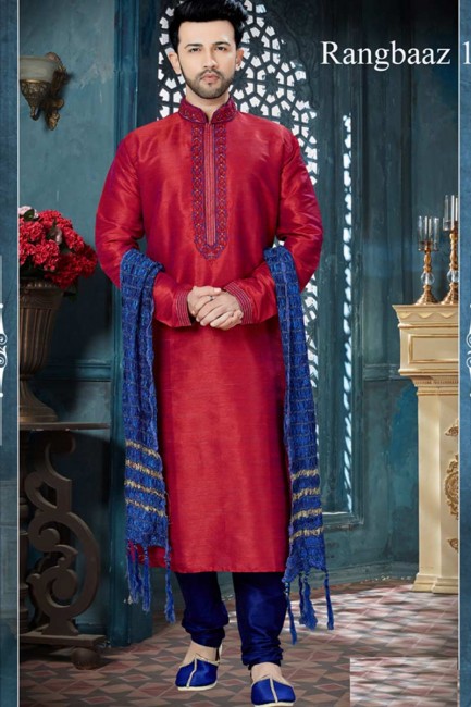 Marron With Blue Banglore Silk Ethnic Wear Kurta Kurta Pajama