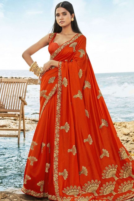 Indian Ethnic Orange Art silk Saree
