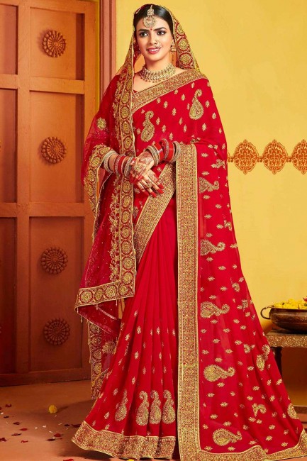 Stylish Red Art silk Bridal Saree