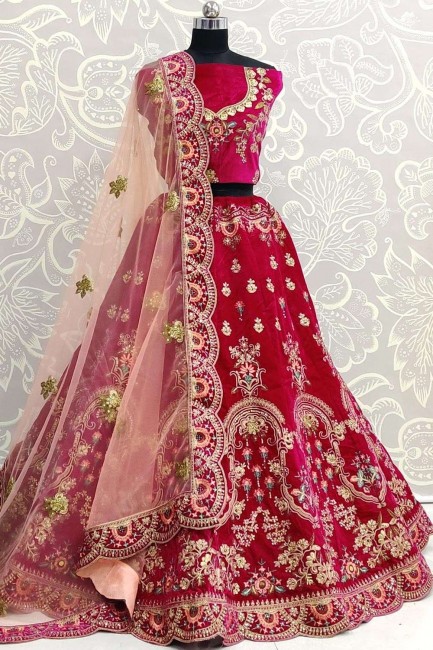 Indian Ethnic Rani pink Velvet Wedding Lehenga Choli