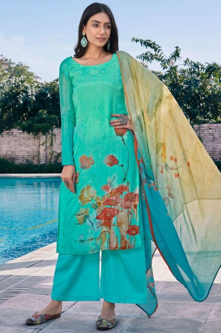Firozi blue Cotton and silk Palazzo Suit