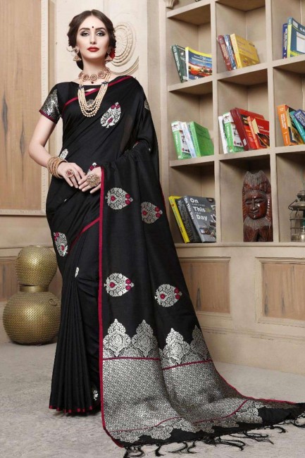 Traditional Black Cotton and silk Saree