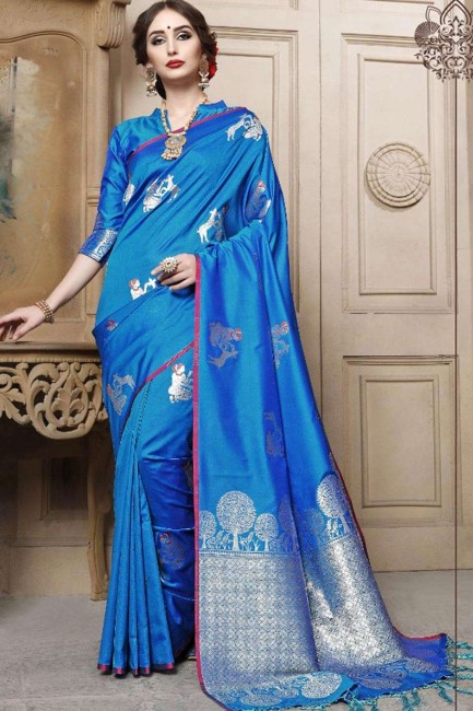 Trendy Blue Cotton and silk Saree
