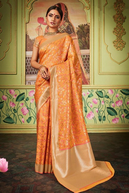 Fawn orange Banarasi raw silk  Wedding Saree