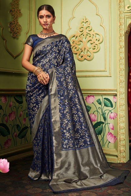 Splendid Navy blue Banarasi raw silk Wedding Saree