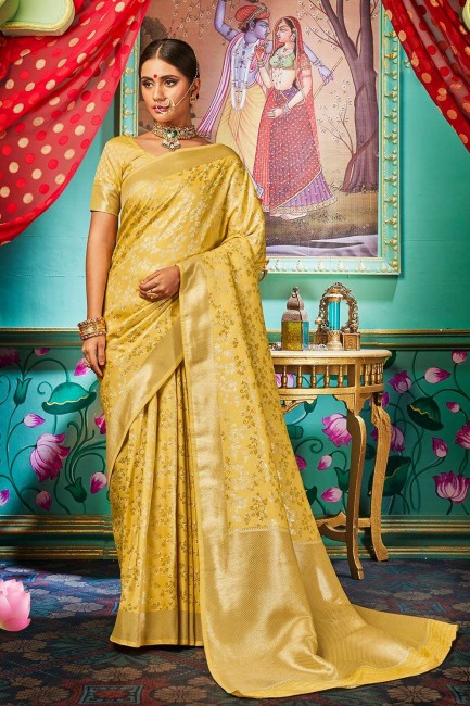 Yellow Banarasi raw silk Wedding Saree
