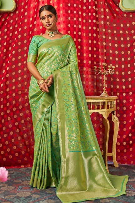 Admirable Olive green Banarasi raw silk Wedding Saree