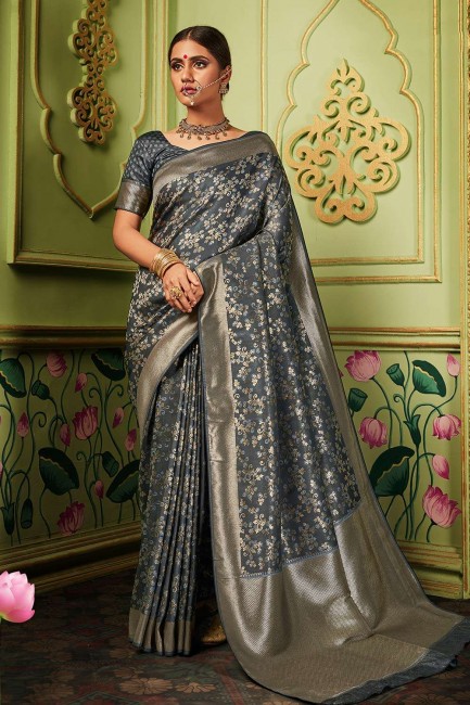 Dark grey Banarasi raw silk  Wedding Saree