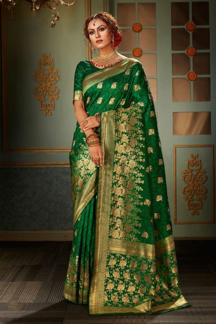 Green Banarasi raw silk Wedding Saree