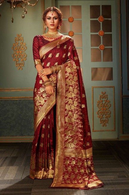 Attractive Maroon Banarasi raw silk Wedding Saree