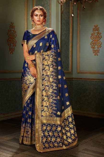Stunning Navy blue Banarasi raw silk Wedding Saree