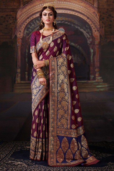 Burgundy purple Banarasi raw silk  Wedding Saree