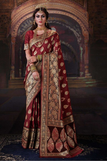 Enticing Maroon Banarasi raw silk Wedding Saree