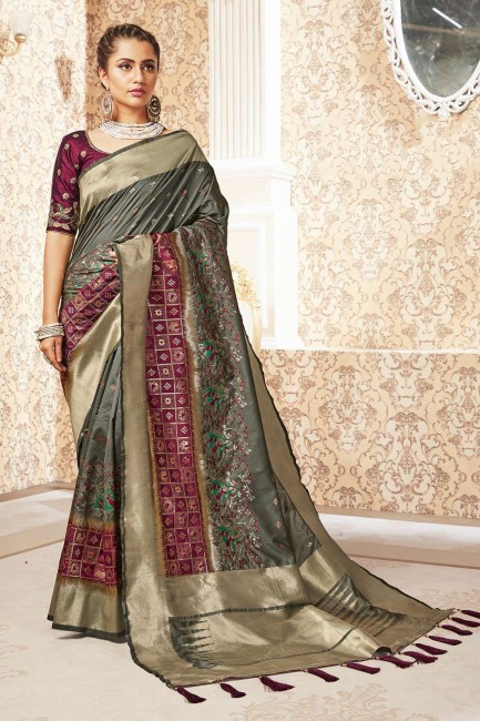 Luring Grey Banarasi raw silk Wedding Saree