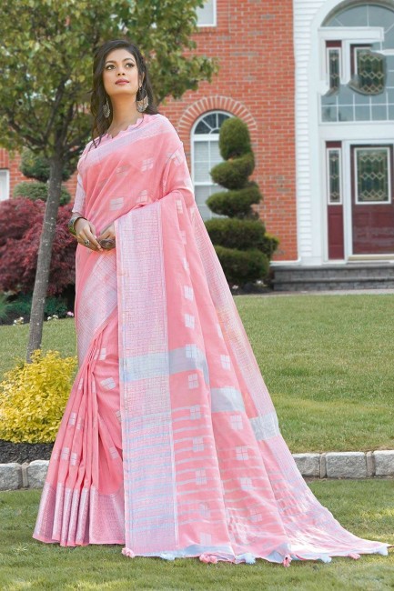 Designer Pink Linen Saree