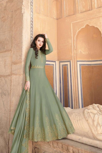 Olive green Georgette Eid Anarkali Suit