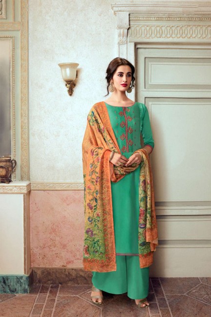 Sea green Georgette and satin Eid Palazzo Suit