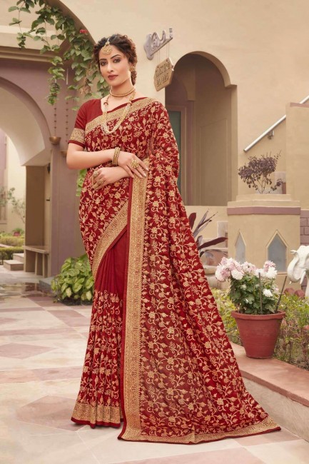 Rust red Silk  Party Wear Saree