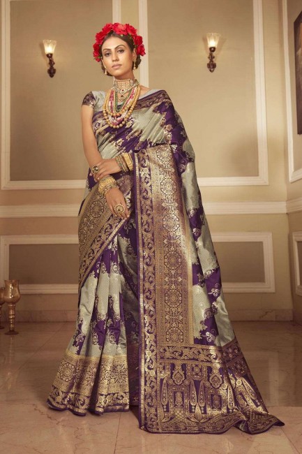 Grey, Purple Banarasi raw silk  Saree