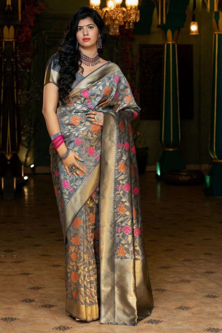 Beautiful Grey Banarasi raw silk Saree