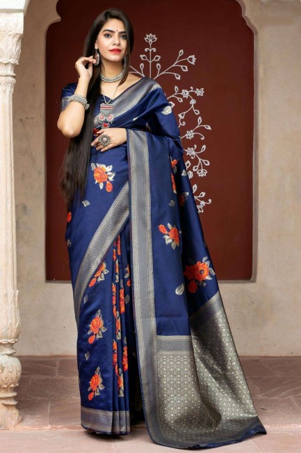 Gracefull Navy blue Banarasi raw silk Saree