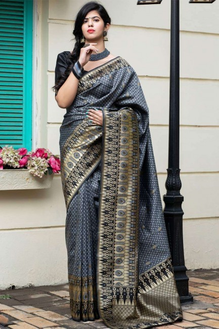 Ethinc Grey Banarasi silk Saree