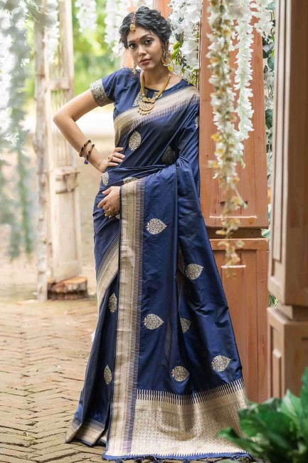 Fascinating Navy blue Banarasi raw silk Saree