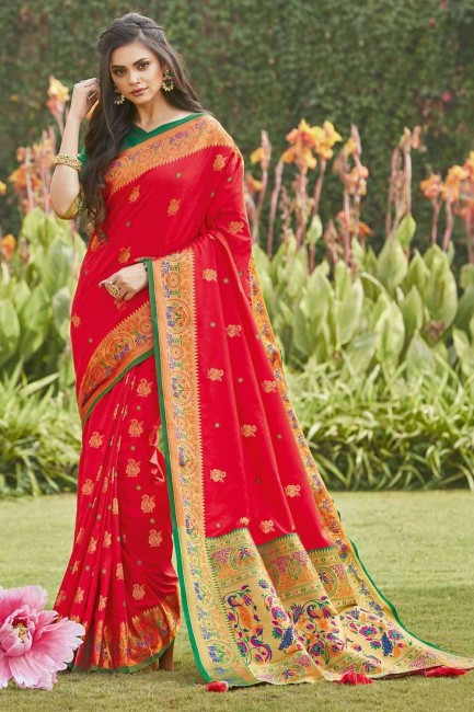 Excellent Red Silk South Indian Saree