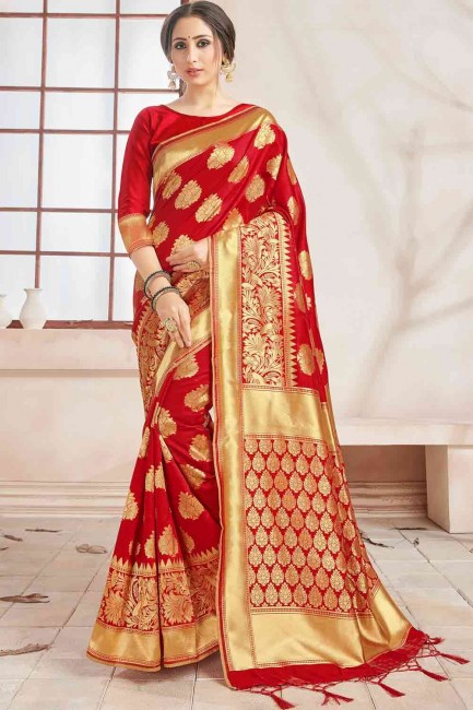 Elegant Red Banarasi raw silk Banarasi Saree