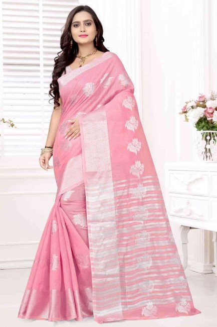 Pink Cotton  Banarasi Saree