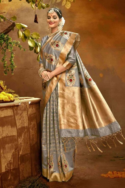 Attractive Grey raw silk Banarasi Saree