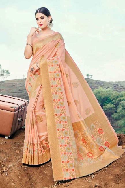 Ethinc Pink Banarasi raw silk Banarasi Saree